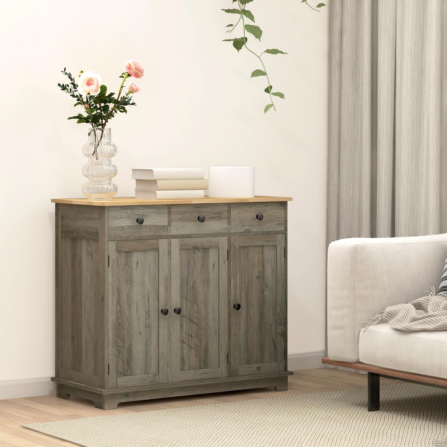 40' Solid Wood Top Freestanding Storage Cabinet, Kitchen Storage Bakers Rack with Drawers, Utility Food Cupboard with Adjustable Shelf for Dining Room Entryway, Gray