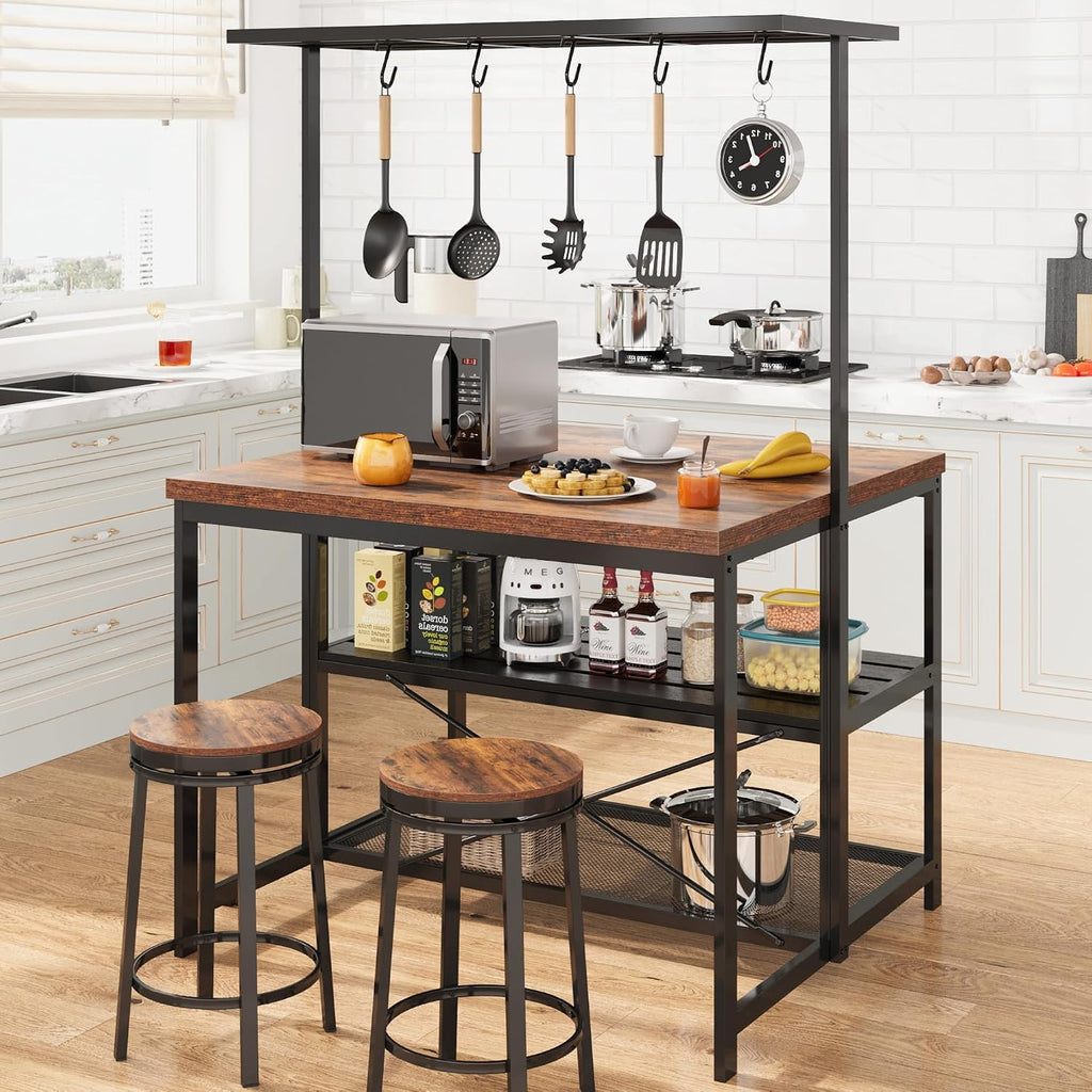 CABIHOME 42' Kitchen Island with Storage & Seating - 3-Tier Bakers Rack, Microwave Stand, Dining Table for 4, 5 Hooks & 50lb Capacity, Multi-Functional Island for Small Kitchens (Brown)