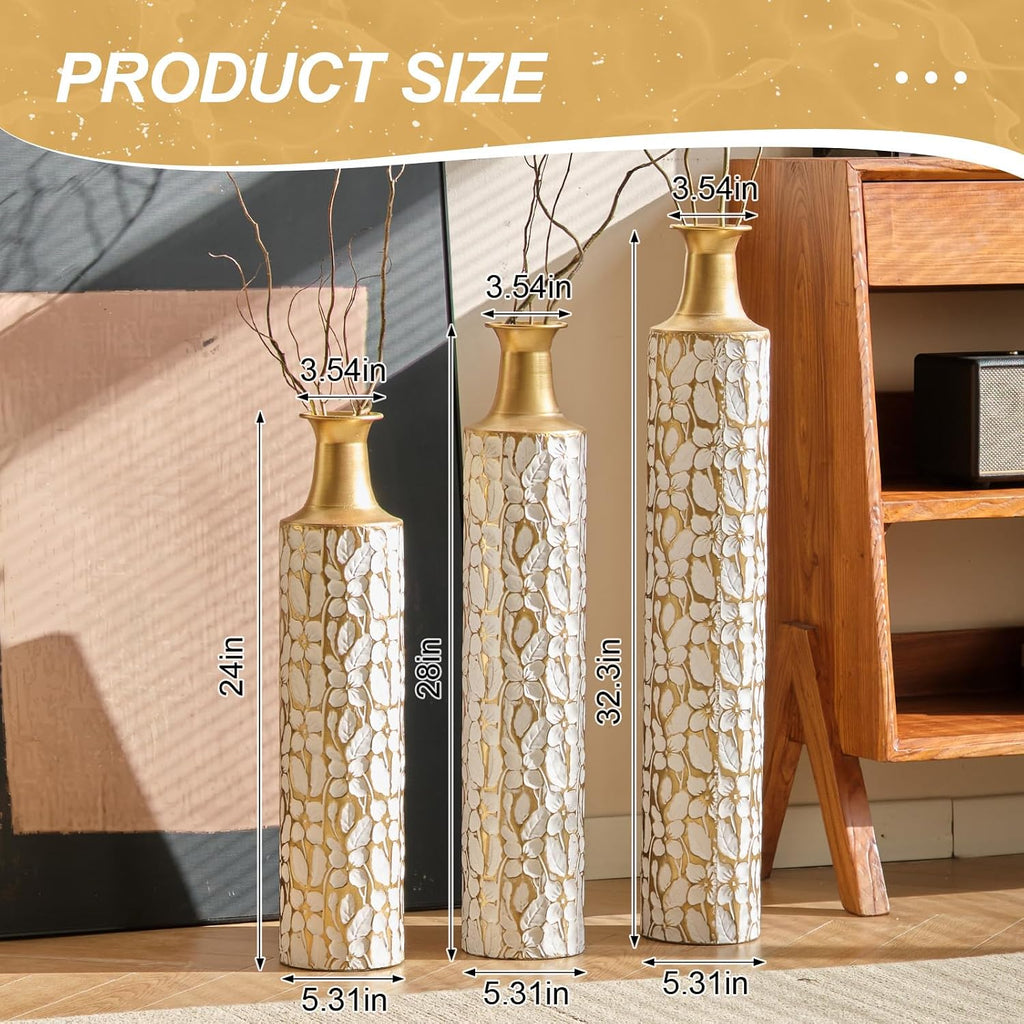 Floor Vases Decorative Tall - 24/28/32.3in Metal Extra Large Decorative Vase Set of 3, White & Gold Tall Floor Vase for Home Decor, Living Room Entryway Decor Dining Bedroom Home Corner Indoor Office