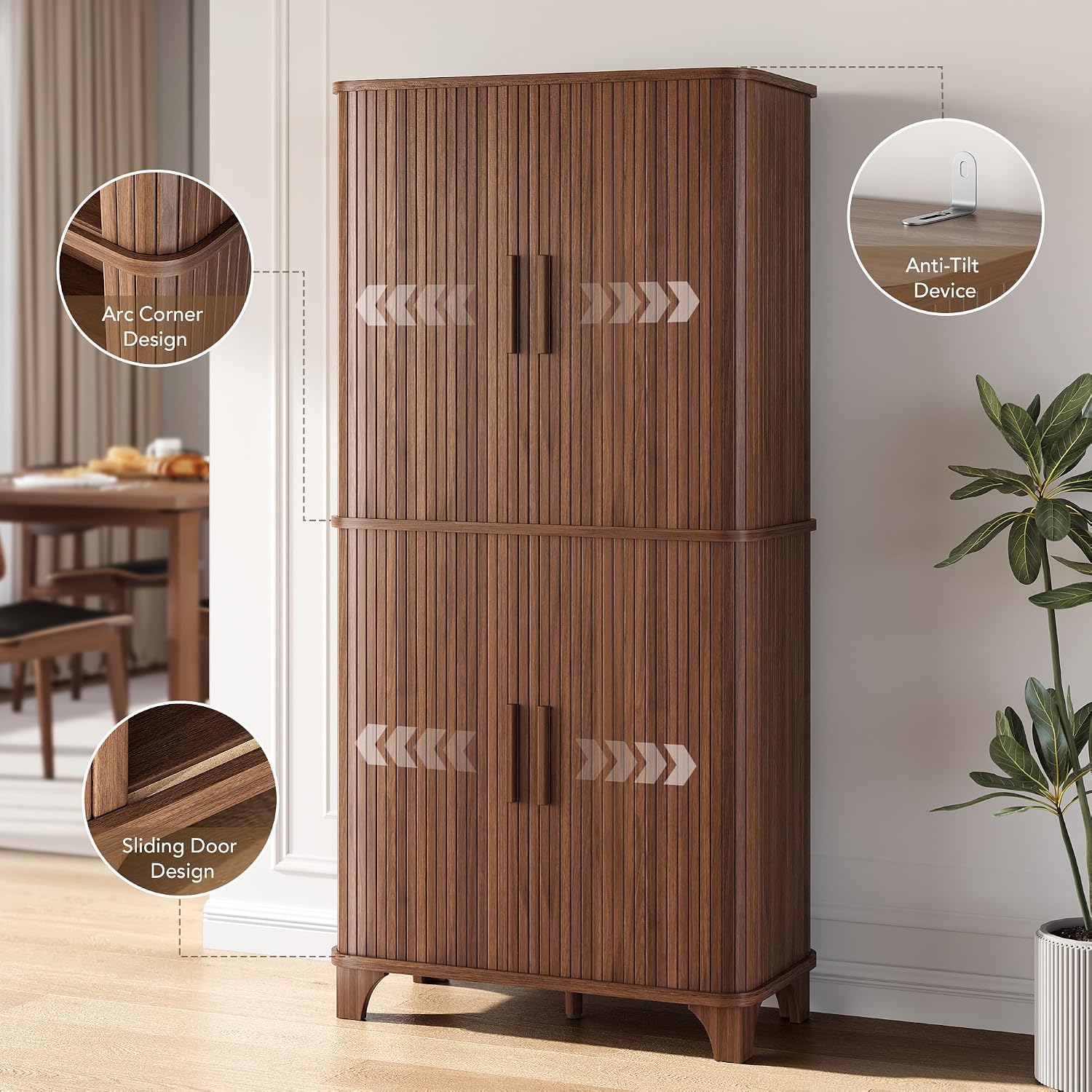 Decofy 69' Tall Kitchen Pantry Storage Cabinet with Sliding Door, Modern Curved Edge Pantry Storage Cabinet with 5 Shelves, Cupboard for the Kitchen, Dining Room, Bedroom, Living Room, Office (Walnut)