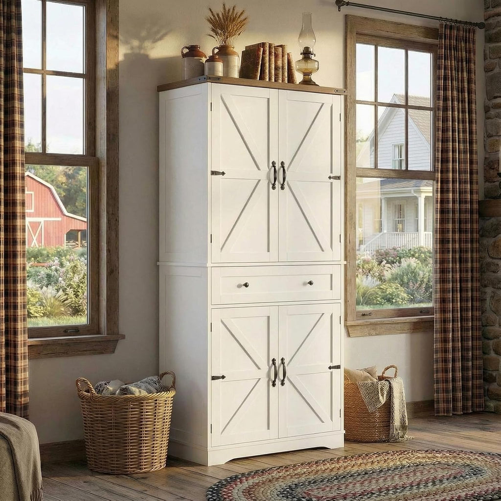 HOSTACK 71' Tall Pantry Cabinet, Farmhouse Kitchen Pantry with Storage Shelves, Barn Doors Food Storage Cabinet, Freestanding Kitchen Hutch with Large Drawer for Living Room, White + Rustic Brown