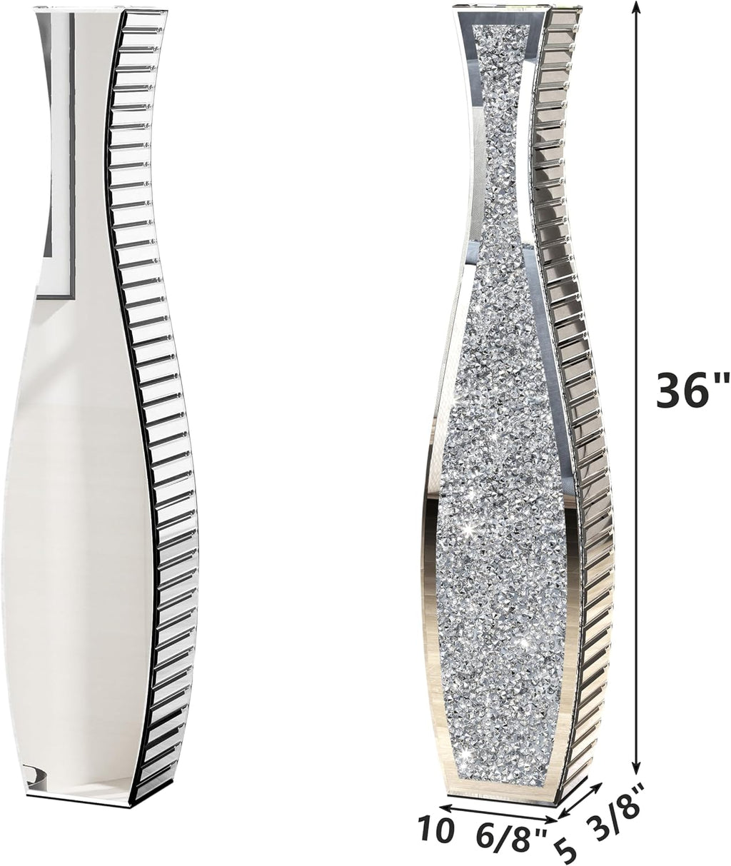 SHYFOY 36' Tall Crushed Diamond Floor Vase Silver Mirrored Tall Vases for Floor Large Crystal Decorative Glass Standing Vase Luxury for Home Decor Living Room Office Bedroom Kitchen