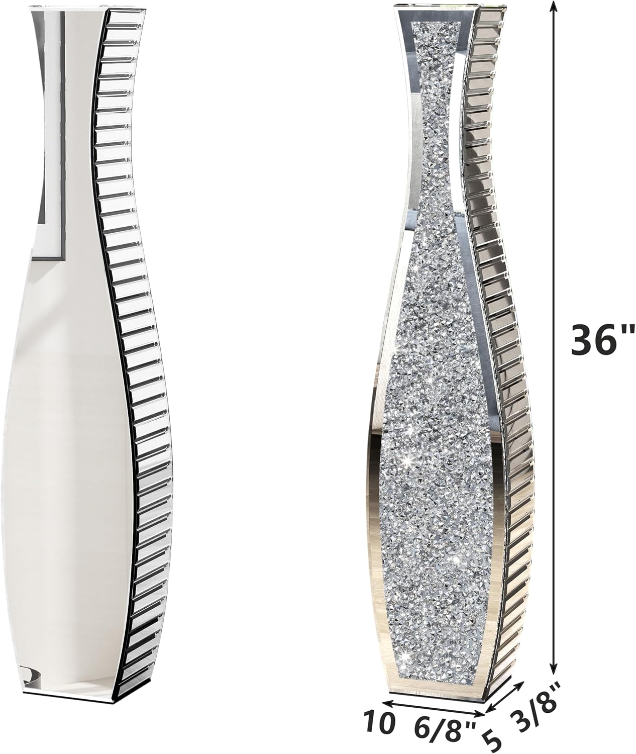 SHYFOY 36' Tall Crushed Diamond Floor Vase Silver Mirrored Tall Vases for Floor Large Crystal Decorative Glass Standing Vase Luxury for Home Decor Living Room Office Bedroom Kitchen