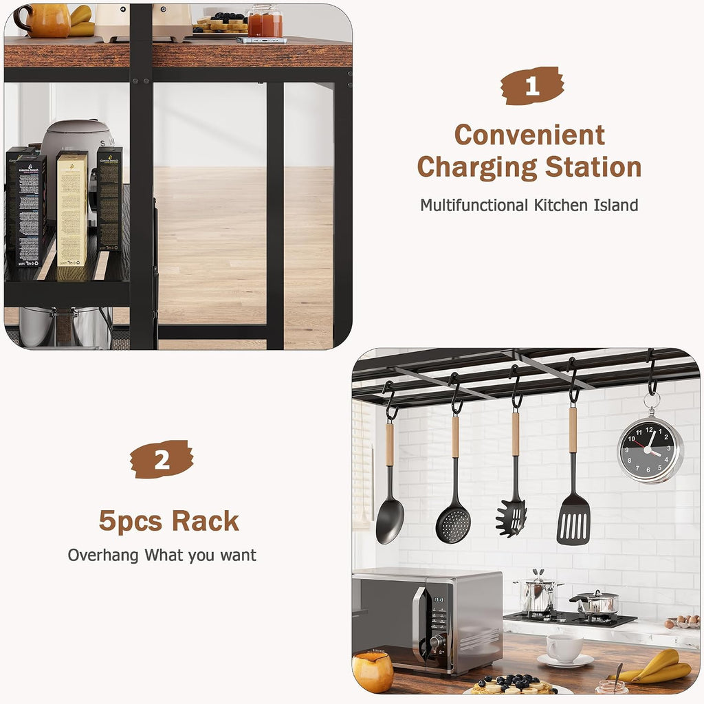 CABIHOME 42' Kitchen Island with Storage & Seating - 3-Tier Bakers Rack, Microwave Stand, Dining Table for 4, 5 Hooks & 50lb Capacity, Multi-Functional Island for Small Kitchens (Brown)
