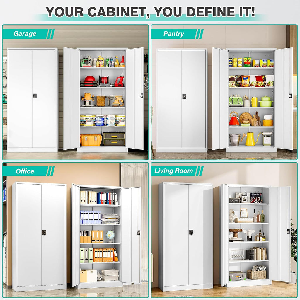 SISESOL White Metal Storage Cabinet with Adjustable Shelves,71' Tall Metal Cabinet with Locking Doors,Steel Cabinet with Lock,Lockable Storage Cabinets for Home,Office,Kitchen,Laundry,Pantry