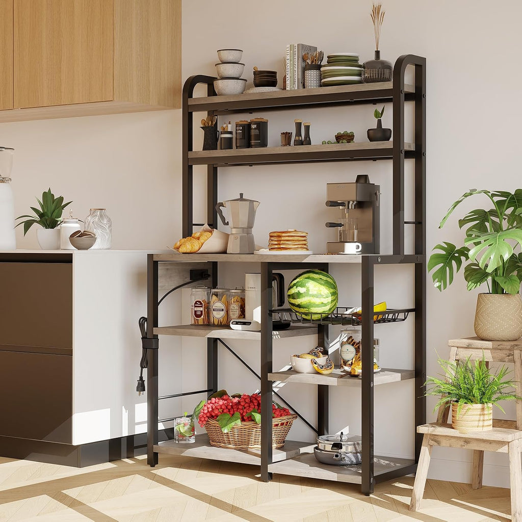 IDEALHOUSE Bakers Rack with Power Outlet, 6-Tier Coffee Bar Station with Wire Drawer, Industrial Microwave Stand, Kitchen Standing Bakers Racks with Large Storage, Hutch, Retro Gray