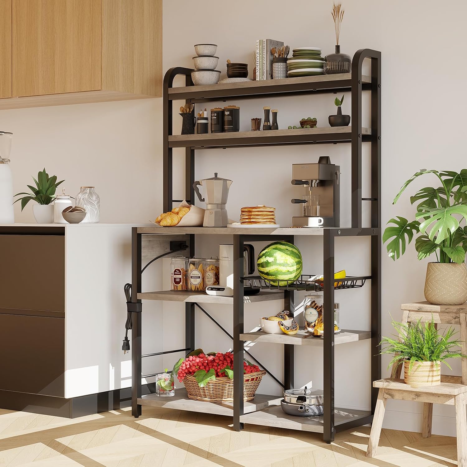 IDEALHOUSE Bakers Rack with Power Outlet, 6-Tier Coffee Bar Station with Wire Drawer, Industrial Microwave Stand, Kitchen Standing Bakers Racks with Large Storage, Hutch, Retro Gray