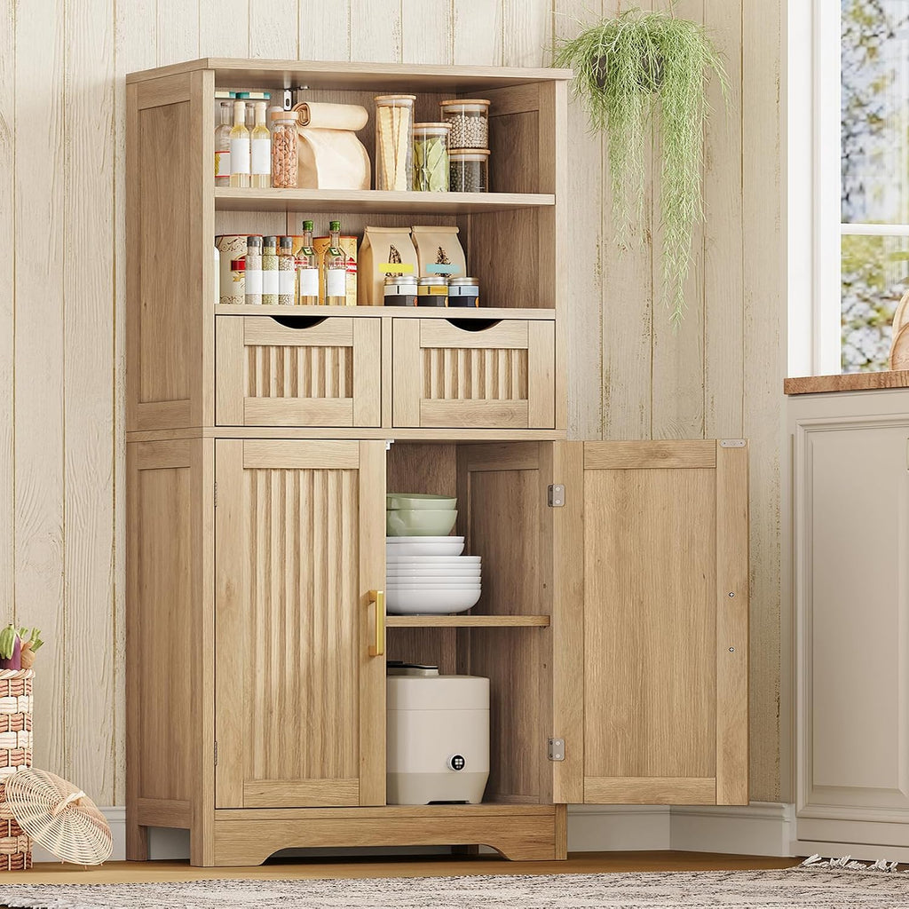Iwell Tall Storage Cabinet, Fluted Cabinet with 2 Drawers & Adjustable Shelf, Bathroom Storage Cabinet, Kitchen Pantry Storage Cabinet, for Living Room, Dining Room, Home Office, Natural Oak
