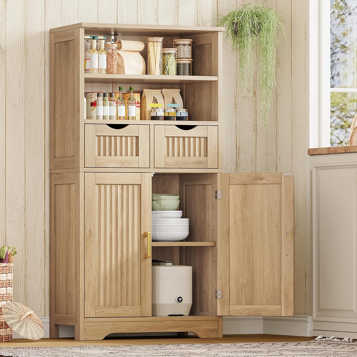 Iwell Tall Storage Cabinet, Fluted Cabinet with 2 Drawers & Adjustable Shelf, Bathroom Storage Cabinet, Kitchen Pantry Storage Cabinet, for Living Room, Dining Room, Home Office, Natural Oak