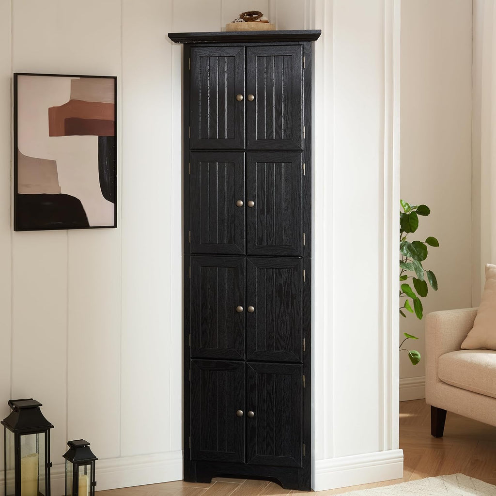 72' Corner Design Freestanding Storage Cabinet, Kitchen Storage Bakers Rack with Sleek Metal Handles, Utility Food Cupboard with 4-Tier Shelves for Kitchen, Bathroom, Living Room, Black