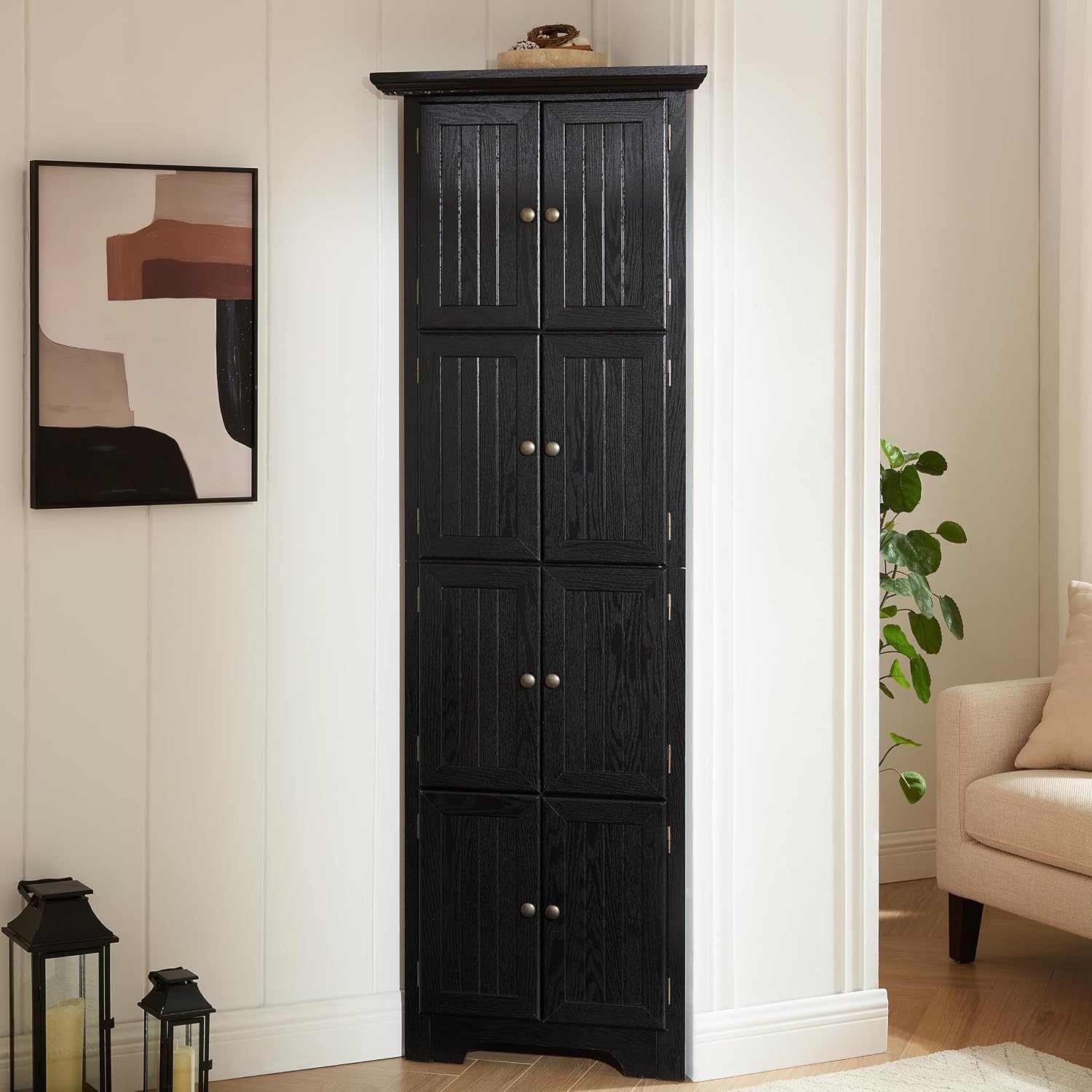 72' Corner Design Freestanding Storage Cabinet, Kitchen Storage Bakers Rack with Sleek Metal Handles, Utility Food Cupboard with 4-Tier Shelves for Kitchen, Bathroom, Living Room, Black