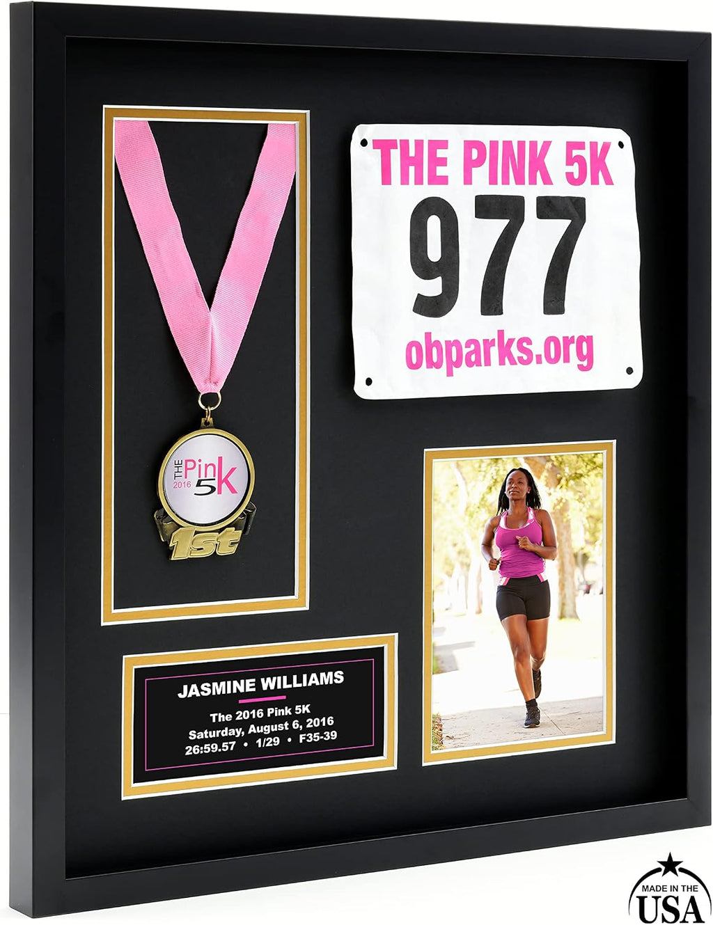 Runners/Sports Pro Display Frame for Medal Award, Racing Bib/Other, Photo & Printed Graphic Info Insert for Marathon Event, 10K, 5K, Triathlon, Biking, Swimming & Other Sport, Academic, Artistic, etc. Achievements (Black/Gold Mats)