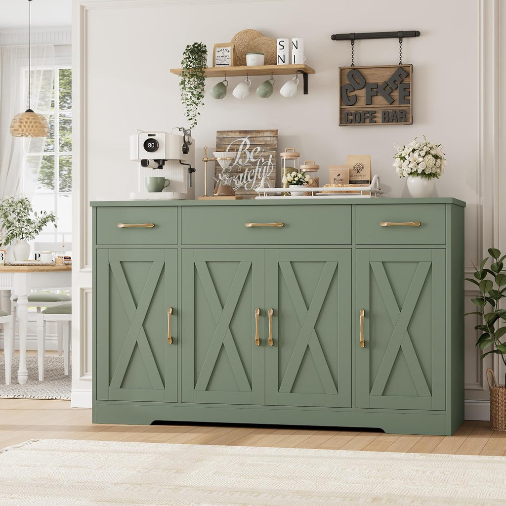 HOSTACK Buffet Sideboard Cabinet with Drawers, 55' Large Buffet Storage Cabinet with Shelves and Doors, Modern Farmhouse Coffee Bar Station for Kitchen, Dining Room, Green