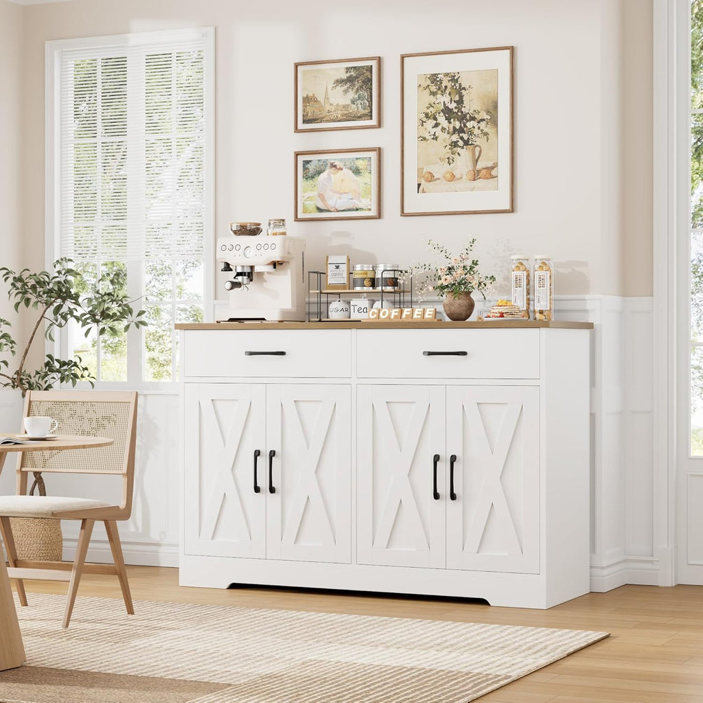 HOSTACK Buffet Cabinet with Storage, 47.2' Kitchen Sideboard Buffet with Drawers, Modern Farmhouse Coffee Bar Station with Shelves, Barn Doors Storage Cabinet for Living Room, White/Rustic Brown
