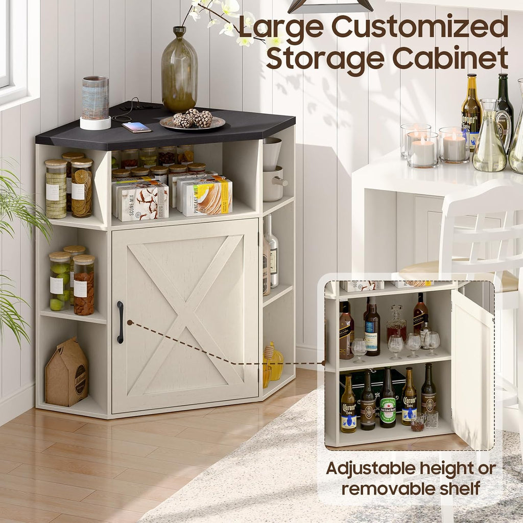 Vabches Corner Cabinet, Corner Storage Shelf with USB Ports and Outlets Industrial Organizer for Small Space Wooden 6-Cubby Bookshelf for Study, Playroom, Living Room (Rustic White and Black)
