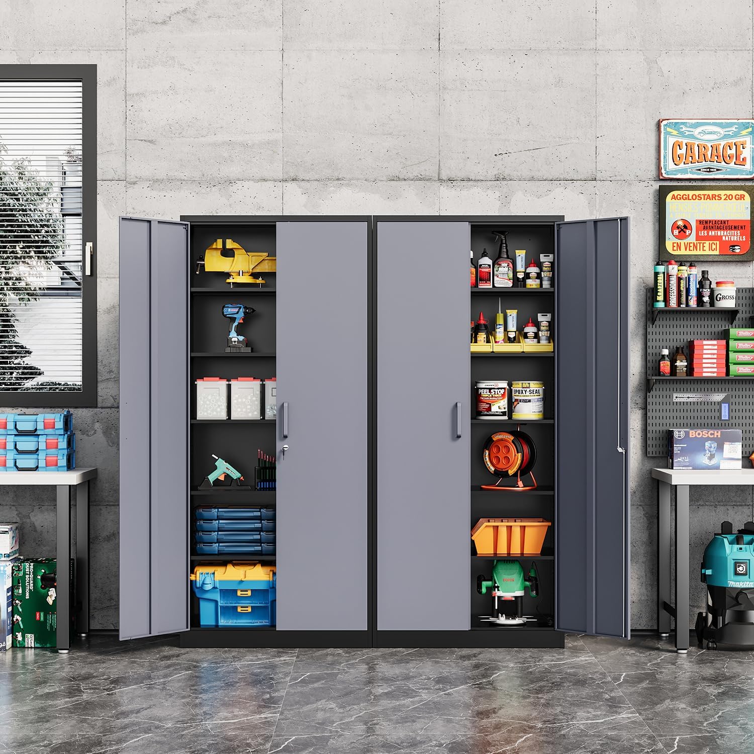 Fesbos Metal Cabinet Steel Storage Cabinet - 71' Tall File Cabinets with Lockable Doors and 5 Adjustable Shelves Black&Gray Steel Storage Cabinets for Home, School, Office, Garage
