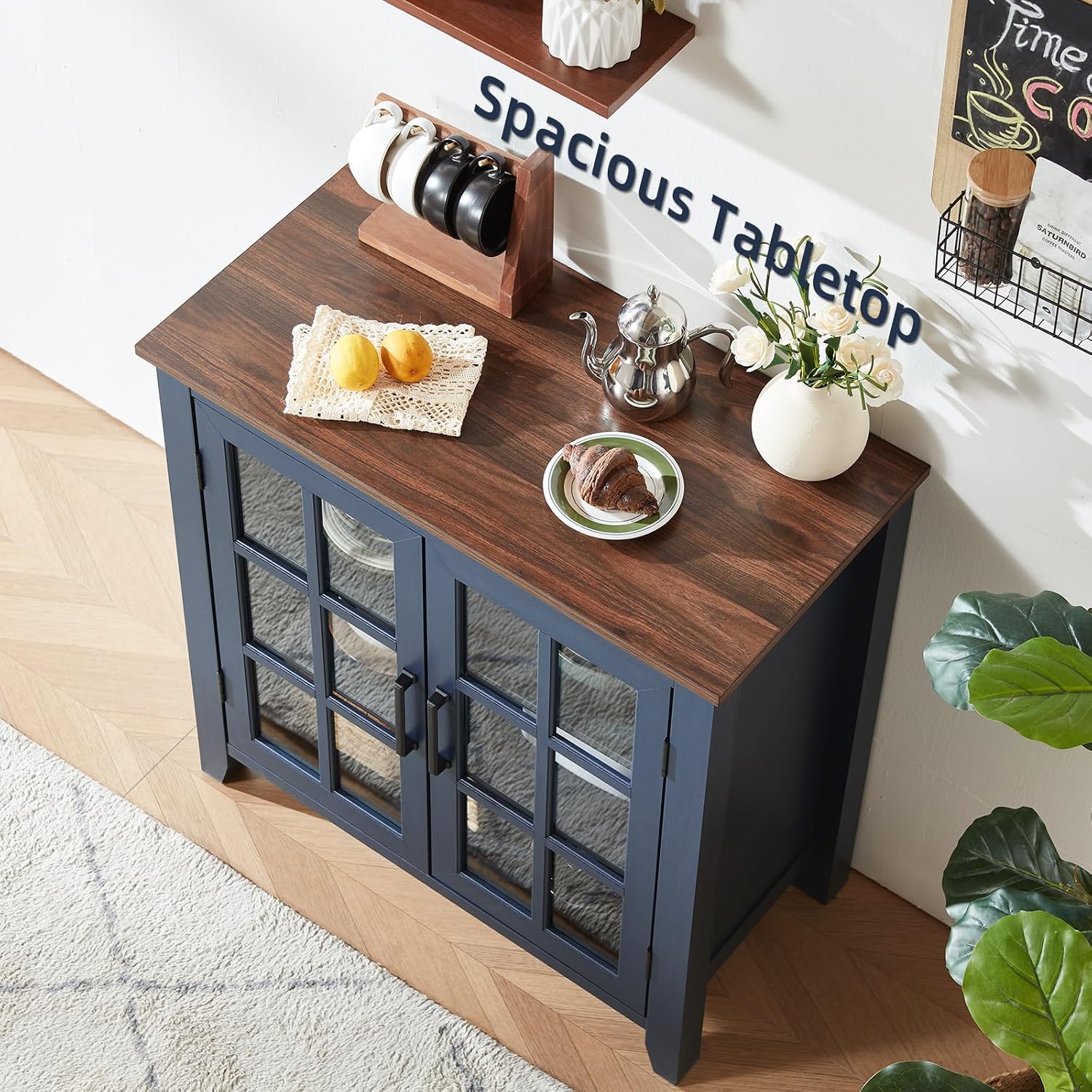 Joaxswe Large Sideboard Buffet Cabinet with Storage, 32' Farmhouse Kitchen Coffee Wine Bar Cabinet with 2 Glass Doors, Wood Mid Century Modern Side Board Table for Dining Room, Living Room, Navy Blue