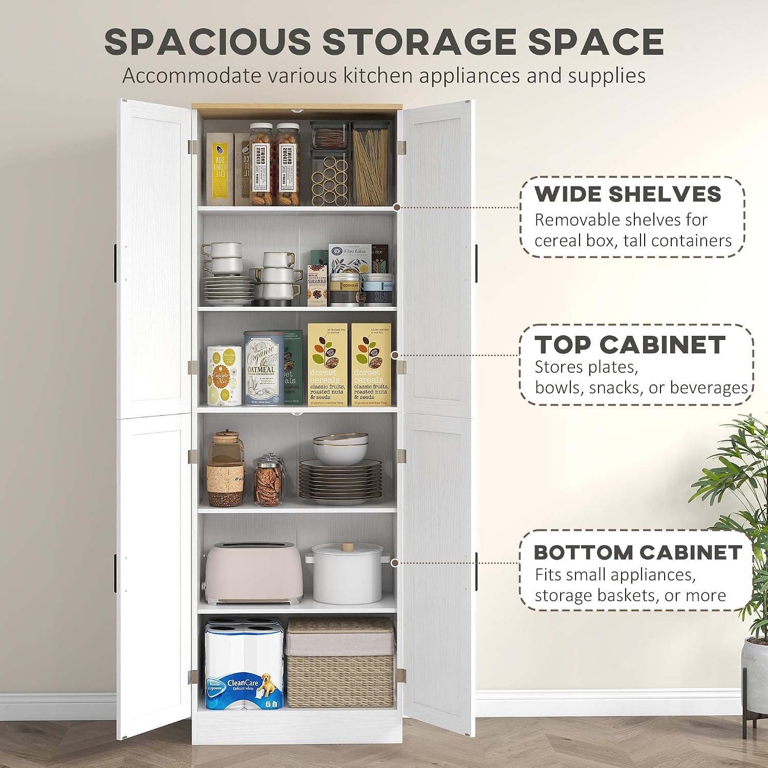 HOMCOM 67' Freestanding Kitchen Pantry, 4-Door Storage Cabinet Organizer with Adjustable Shelves, Kitchen Cabinet with Doors and Shelves, Distressed White
