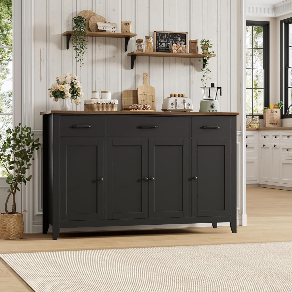HORSTORS 55' Buffet Cabinet, Modern Farmhouse Sideboard Buffet with Drawers, Large Kitchen Storage Cabinet with Adjustable Shelves, Wood Coffee Bar for Kitchen, Dining Room, Living Room, Black