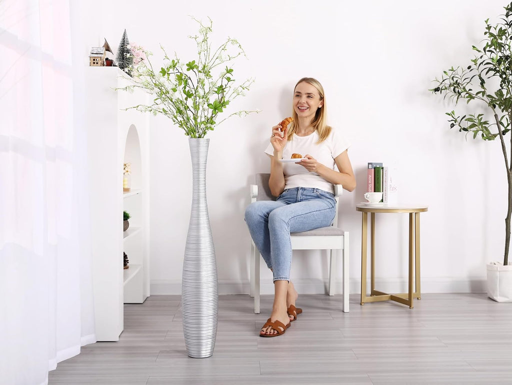 Leewadee Decorative Tall Floor Vase for Living Room Decor, 34 inches, Silver, Resin