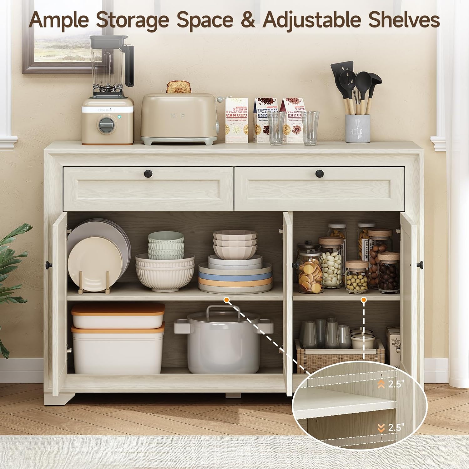 ONBRILL 48 Inches Sideboard Buffet Cabinet with Storage, Farmhouse Sideboard with 2 Drawers and 3 Doors, Wood Coffee Bar Cabinet with Adjustable Shelves for Living Room, Kitchen, Hallway, White