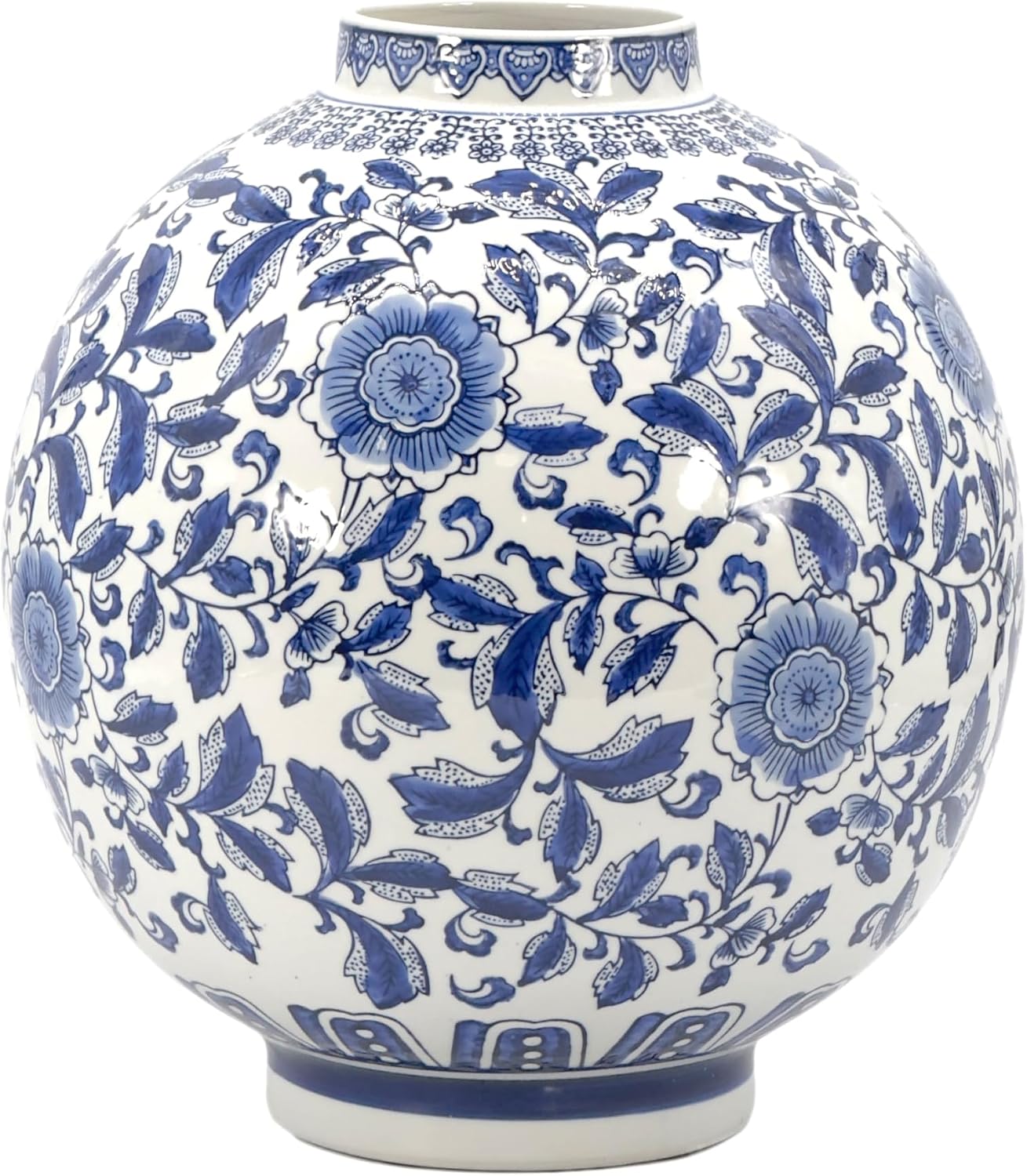 Galt International Blue & White Ceramic Floral Chinoiserie Globe Vase 12' Dia. - Round Bulb Shape Flower Vase Jar Classic Antique Home Decor