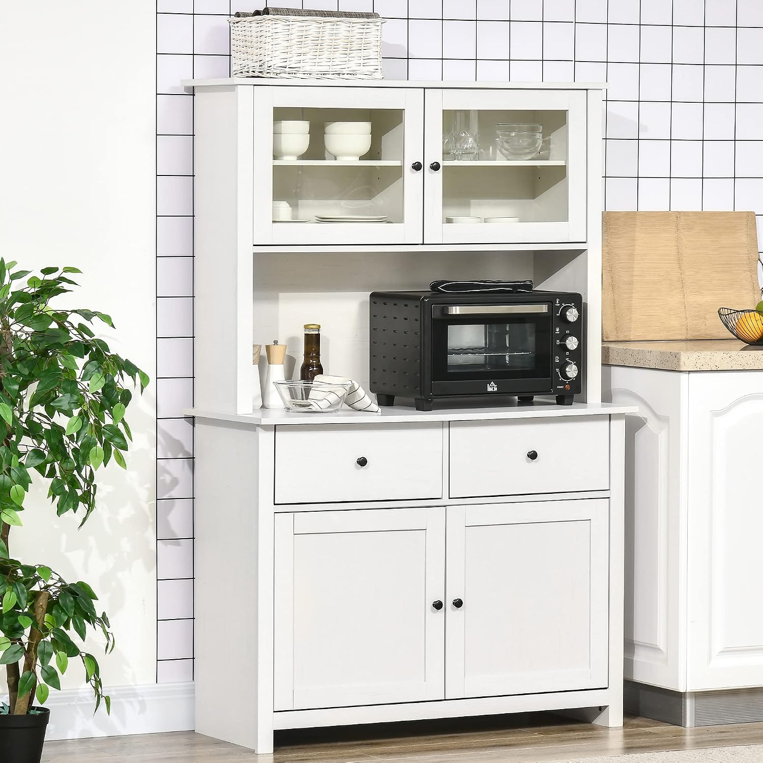 HOMCOM 63.5' Kitchen Buffet with Hutch, Pantry Storage Cabinet with 4 Shelves, Drawers, Framed Glass Doors, Open Microwave Countertop, Antique White