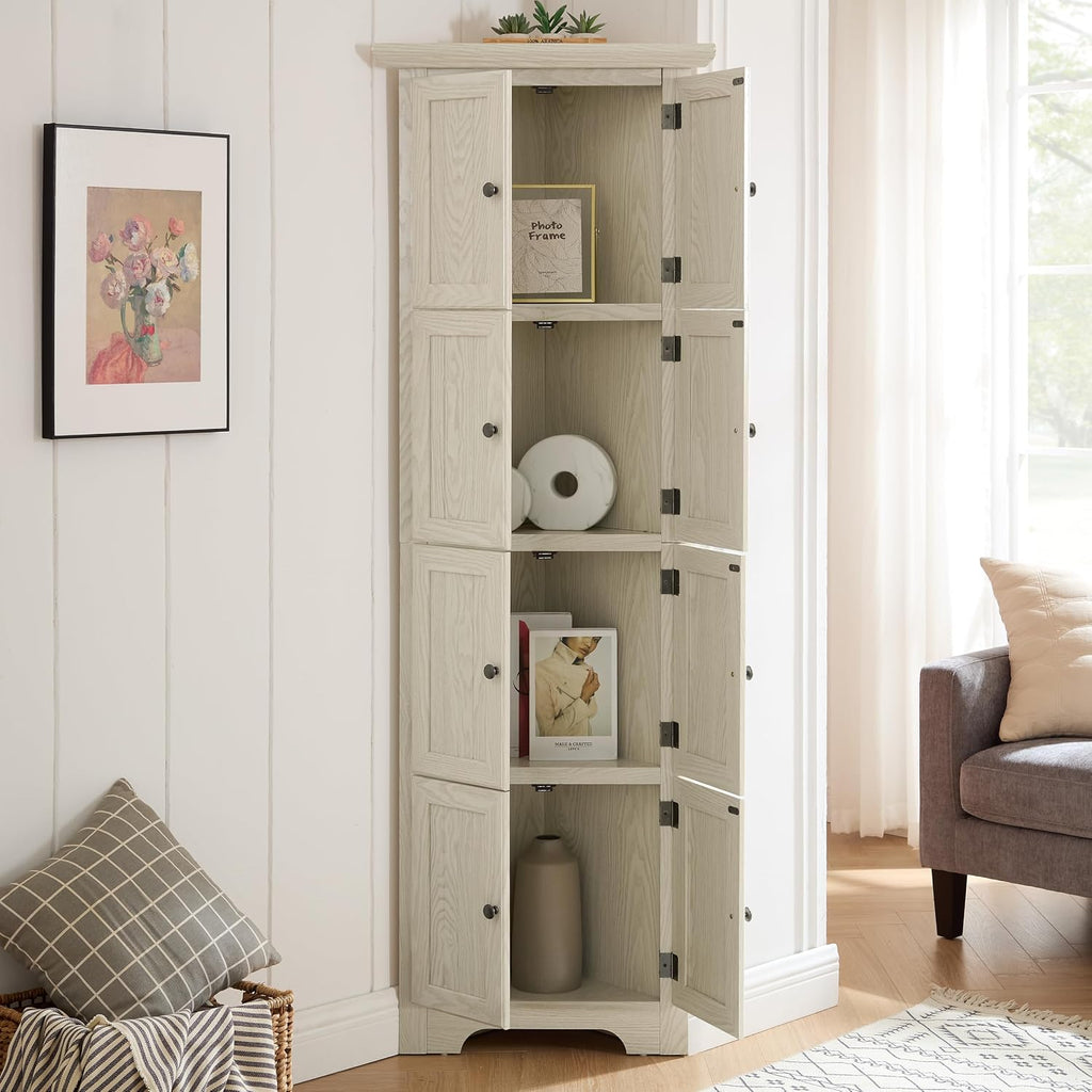 72' Corner Design Freestanding Storage Cabinet, Kitchen Storage Bakers Rack with Sleek Metal Handles, Utility Food Cupboard with 4-Tier Shelves for Kitchen, Bathroom, Living Room, White
