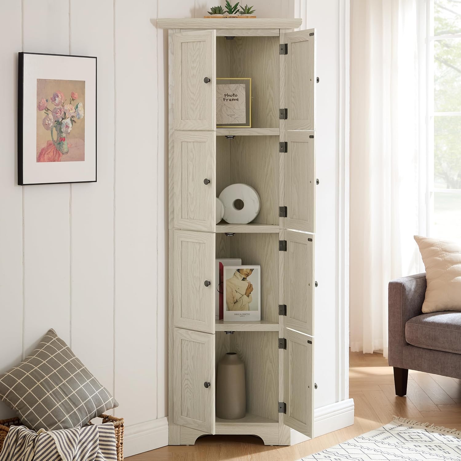 72' Corner Design Freestanding Storage Cabinet, Kitchen Storage Bakers Rack with Sleek Metal Handles, Utility Food Cupboard with 4-Tier Shelves for Kitchen, Bathroom, Living Room, White