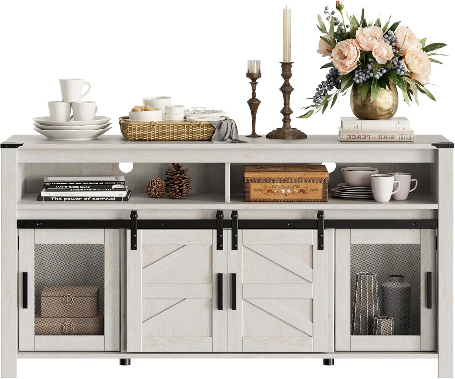 WAMPAT Farmhouse Buffet Cabinet, Rustic Sideboard with Sliding Barn Doors, 59' Coffee Bar Storage Cabinet with Mesh Doors, Cupboard Table for Kitchen, Dining Room, Living Room，Antique White