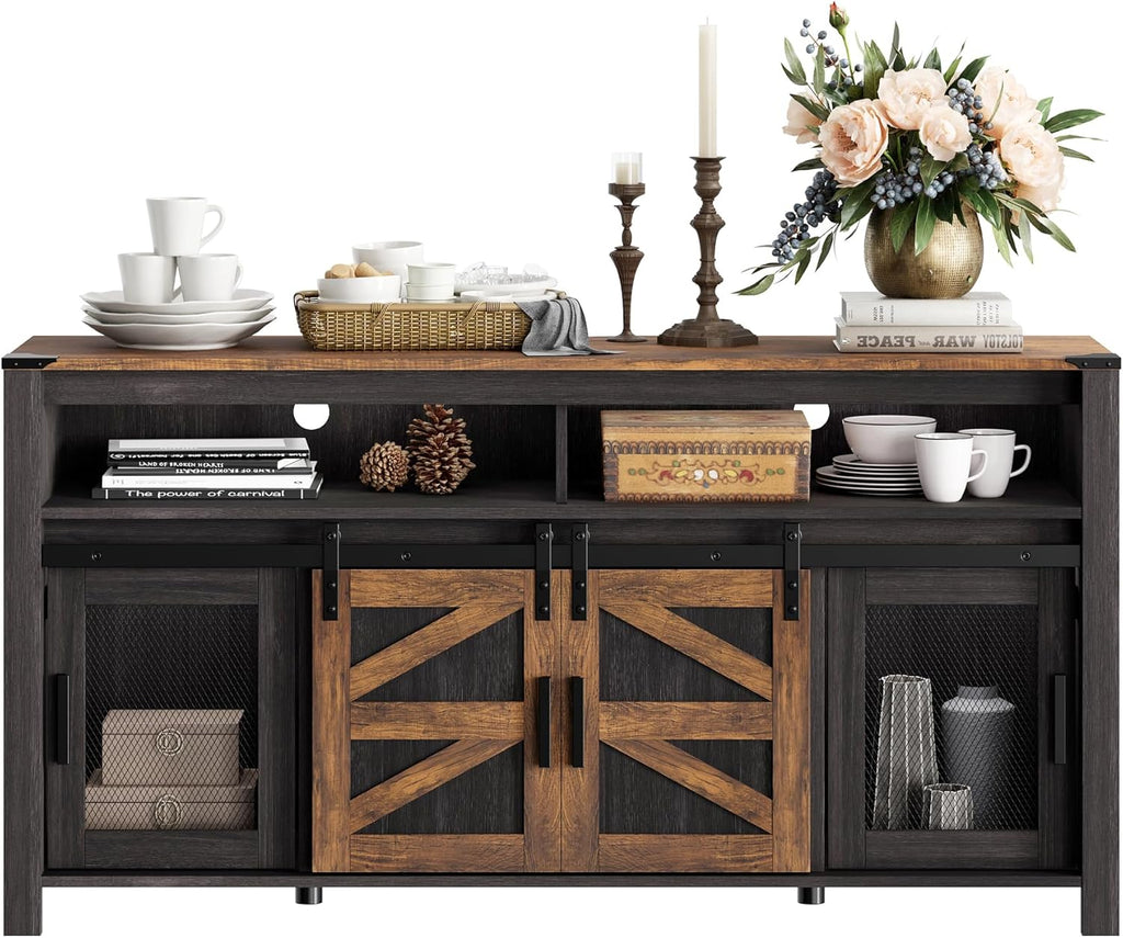 WAMPAT Farmhouse Buffet Cabinet, Rustic Sideboard with Sliding Barn Doors, 59' Coffee Bar Storage Cabinet with Mesh Doors, Cupboard Table for Kitchen, Dining Room, Living Room，Antique Black & Brown