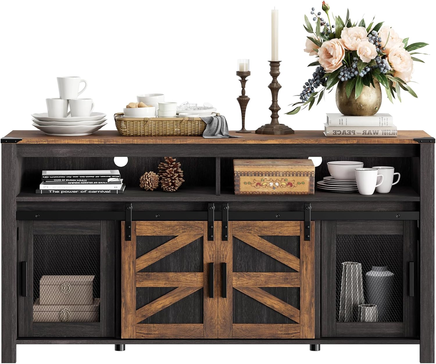WAMPAT Farmhouse Buffet Cabinet, Rustic Sideboard with Sliding Barn Doors, 59' Coffee Bar Storage Cabinet with Mesh Doors, Cupboard Table for Kitchen, Dining Room, Living Room，Antique Black & Brown