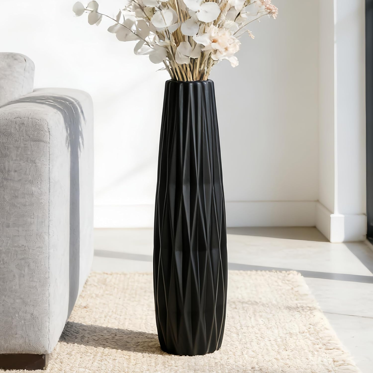 Tall Black Floor Vase – 28' Twisted Geometric Ceramic Vase for Modern Home, Living Room, Table Centerpiece or Corner Decoration