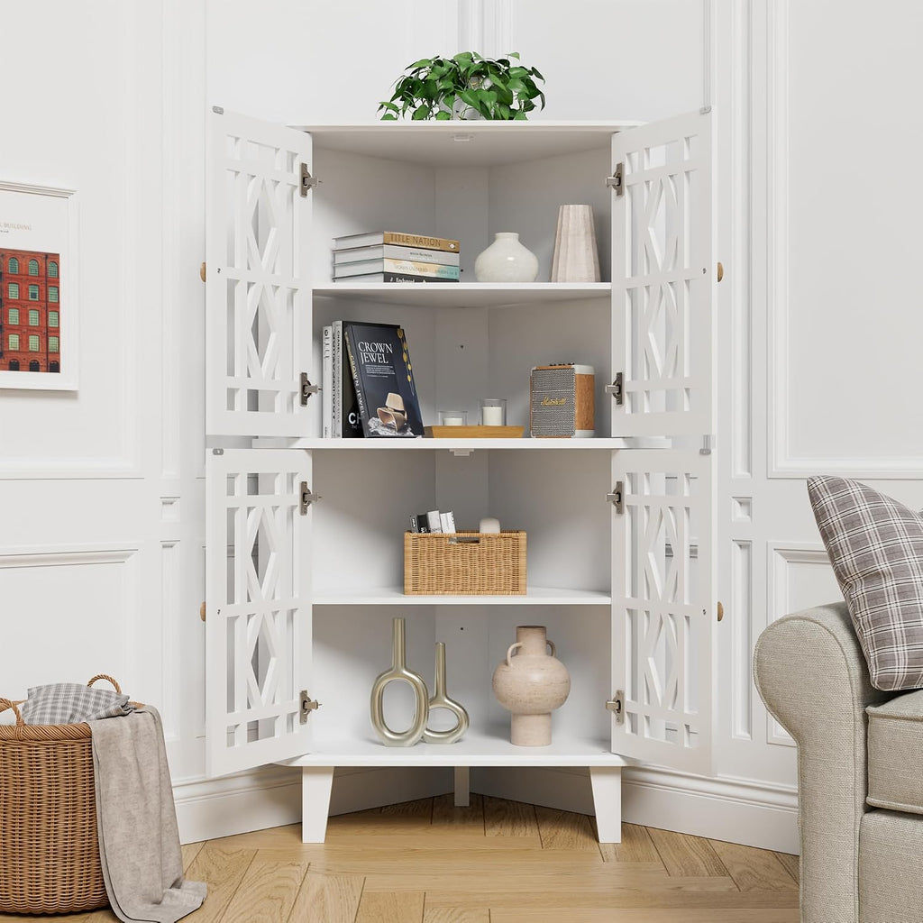 Scurrty Tall Corner Shelf Stand, Large Shelf Corner Table Sideboard Cabinet with 4 Doors and 4-Tier Shelves, Free-Standing Storage Organizer for Living Room, Dining Room & Bathroom (White)