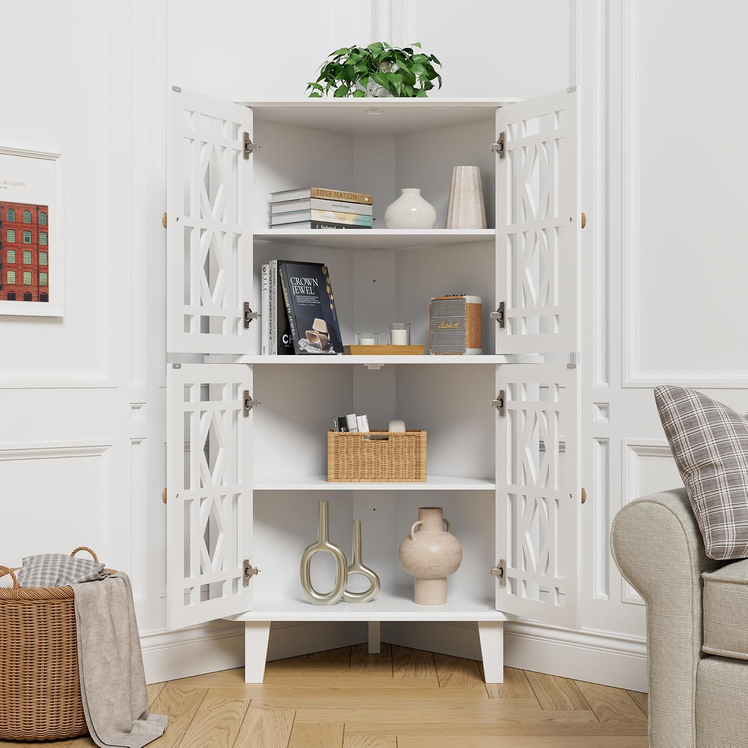 Scurrty Tall Corner Shelf Stand, Large Shelf Corner Table Sideboard Cabinet with 4 Doors and 4-Tier Shelves, Free-Standing Storage Organizer for Living Room, Dining Room & Bathroom (White)