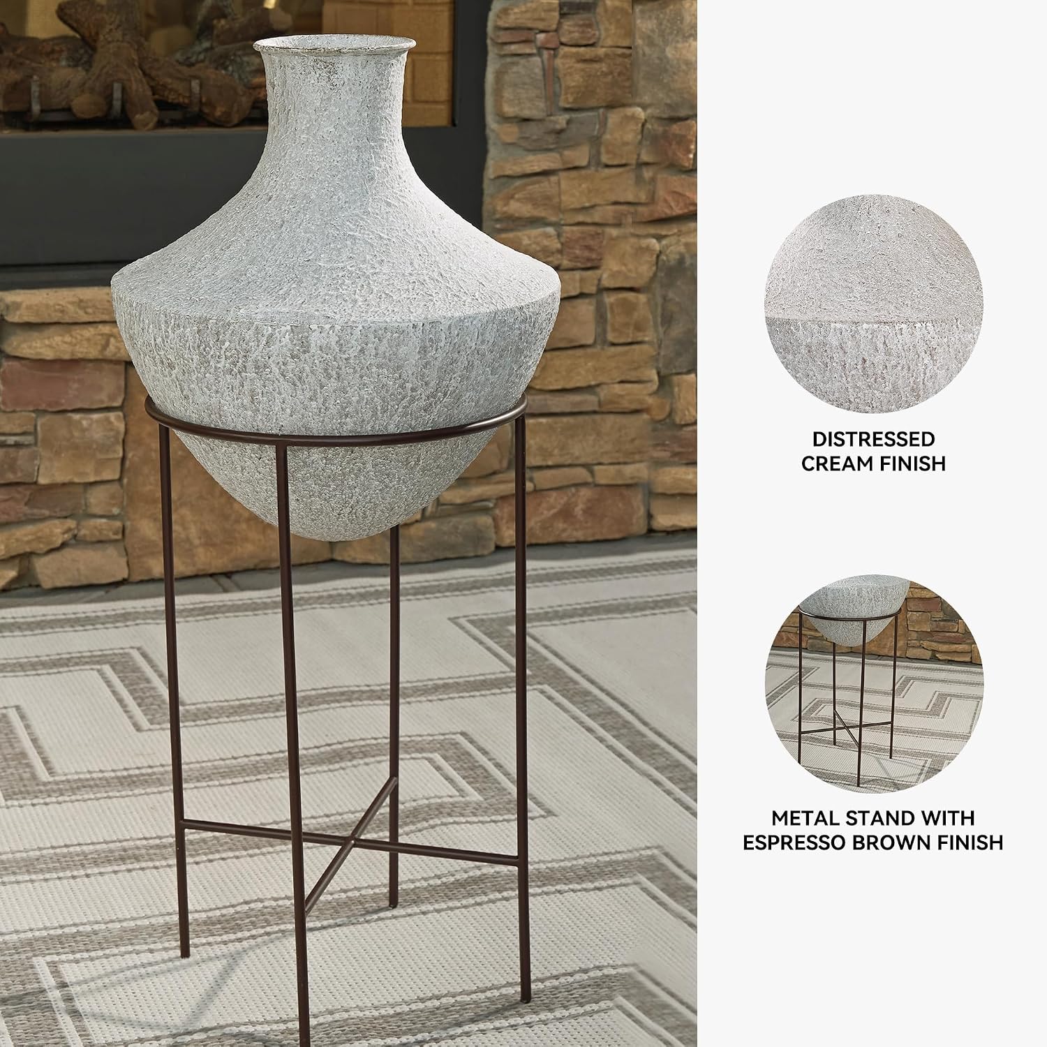 Signature Design by Ashley Estonbank Casual Indoor Distressed Metal Floor Vase with Stand, White & Black