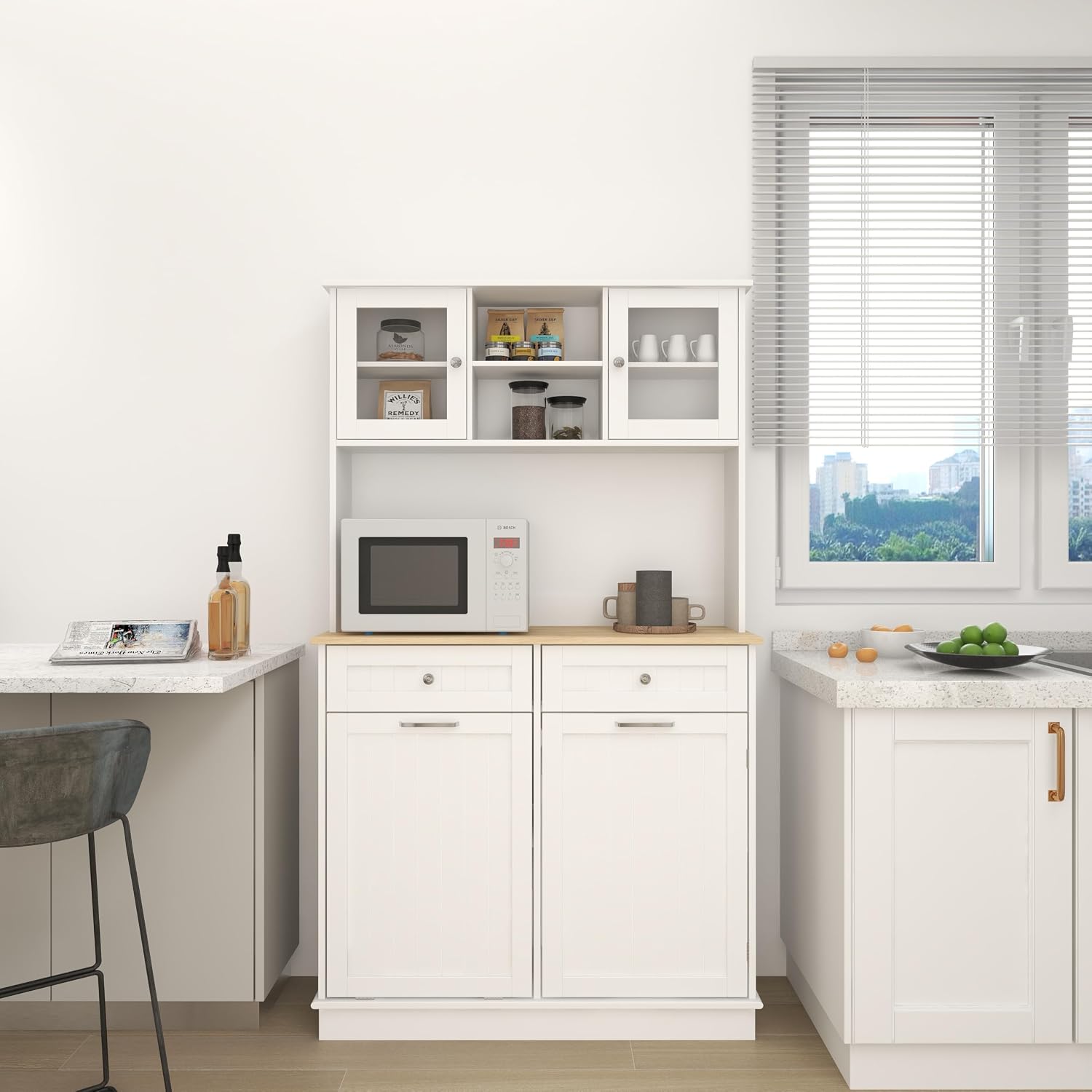 68' Tilt-Out Trash Freestanding Storage Cabinet, Kitchen Storage Bakers Rack with 3 Shelves, Utility Food Cupboard for Home/Kitchen, White
