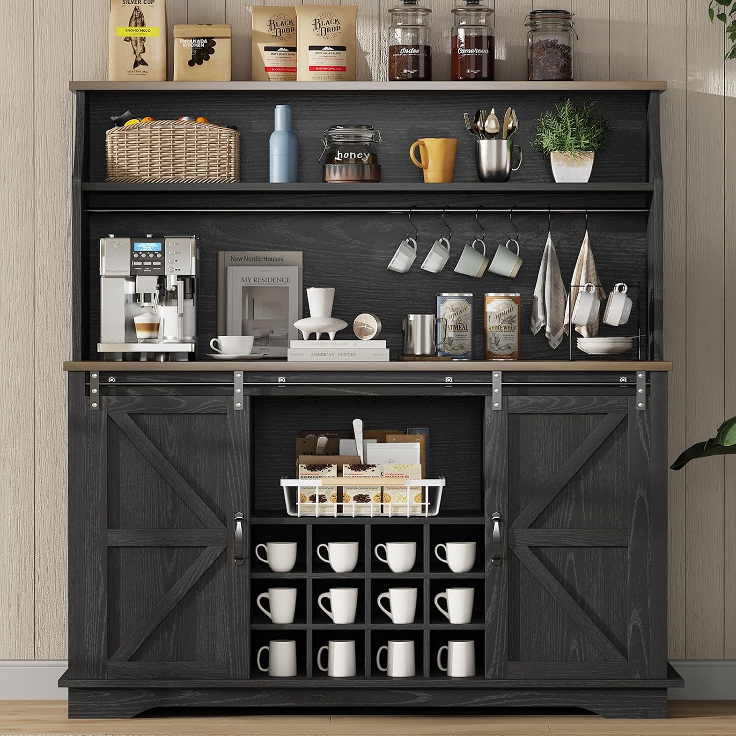 55 Inch Farmhouse Coffee Bar Cabinet with 3-Tier Enclosed Storage Cabinet, Kitchen Hutch with 12 Wine Racks & 3 Glass Holders, Coffee Bar with 6 Hooks, Wood Furniture for Dining Living Room, Black