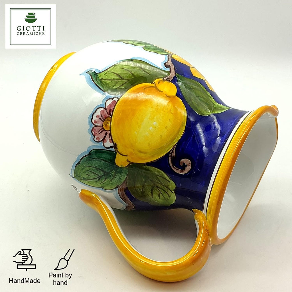 Italian Hand Painted Ceramic Pitcher 33 oz – Lemon & Sunflower Tuscan Design – Water Carafe, Utensil Holder or Vase – Colorful Italian Pottery – Made in Italy