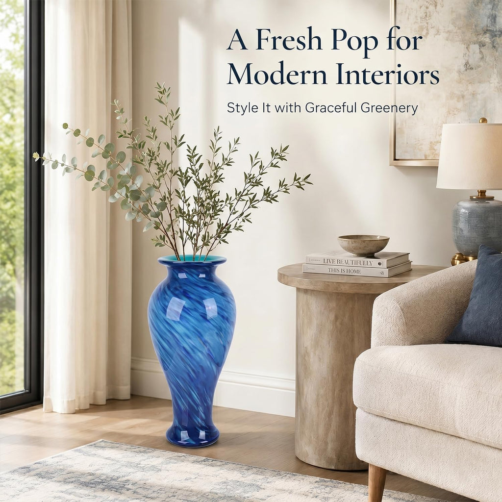 20' Tall Blue Glass Vase Hand Blown Large Floor Glass Vase Home Decor, Pretty Modern Dark Blue Flowers Vases, Jarrones Grandes para Sala Elegantes, Large Vases for Living Room Wedding Decor