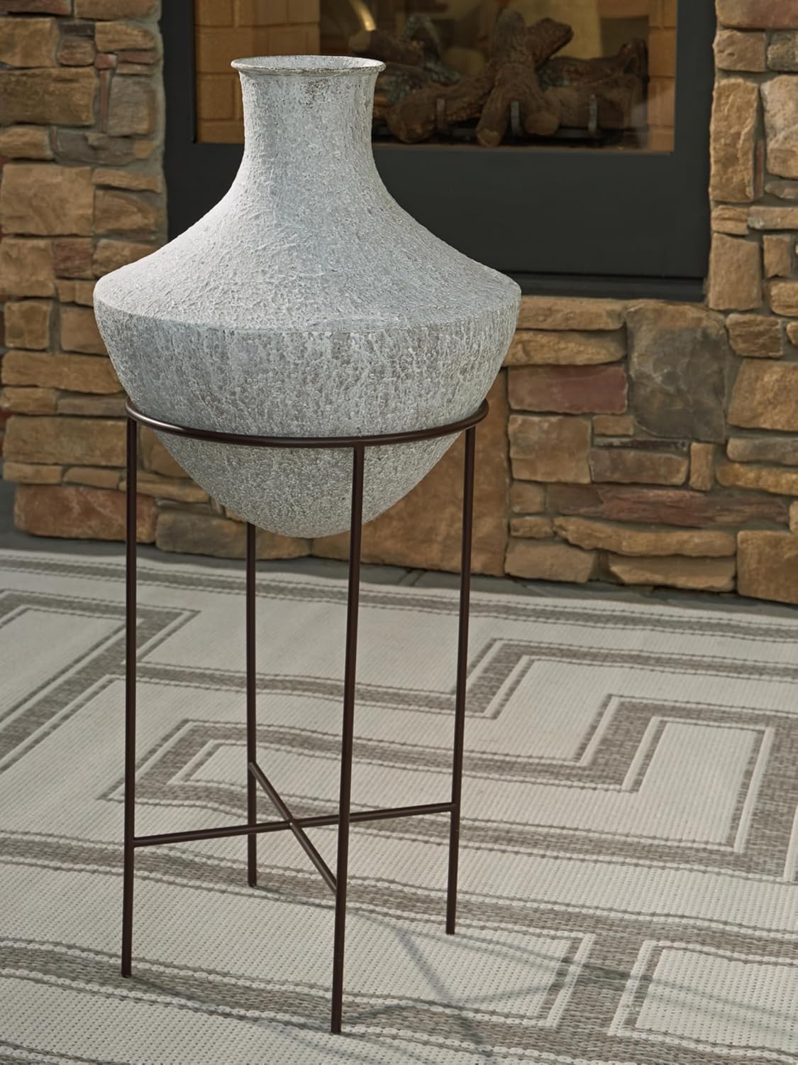 Signature Design by Ashley Estonbank Casual Indoor Distressed Metal Floor Vase with Stand, White & Black
