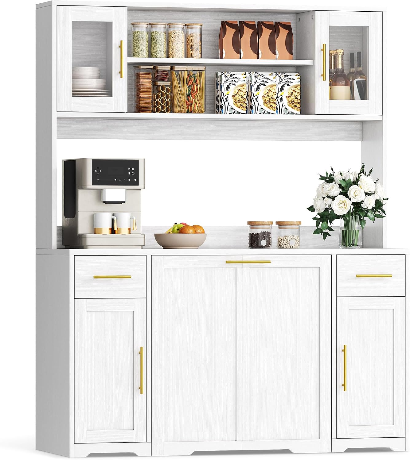 Hutch Cabinet with Storage, 65' Tall Kitchen Pantry with Power Outlet, Double Pull Out Trash Can Cabinet, Kitchen Hutch with Countertop and Drawers, Modern Pantries for Home, White