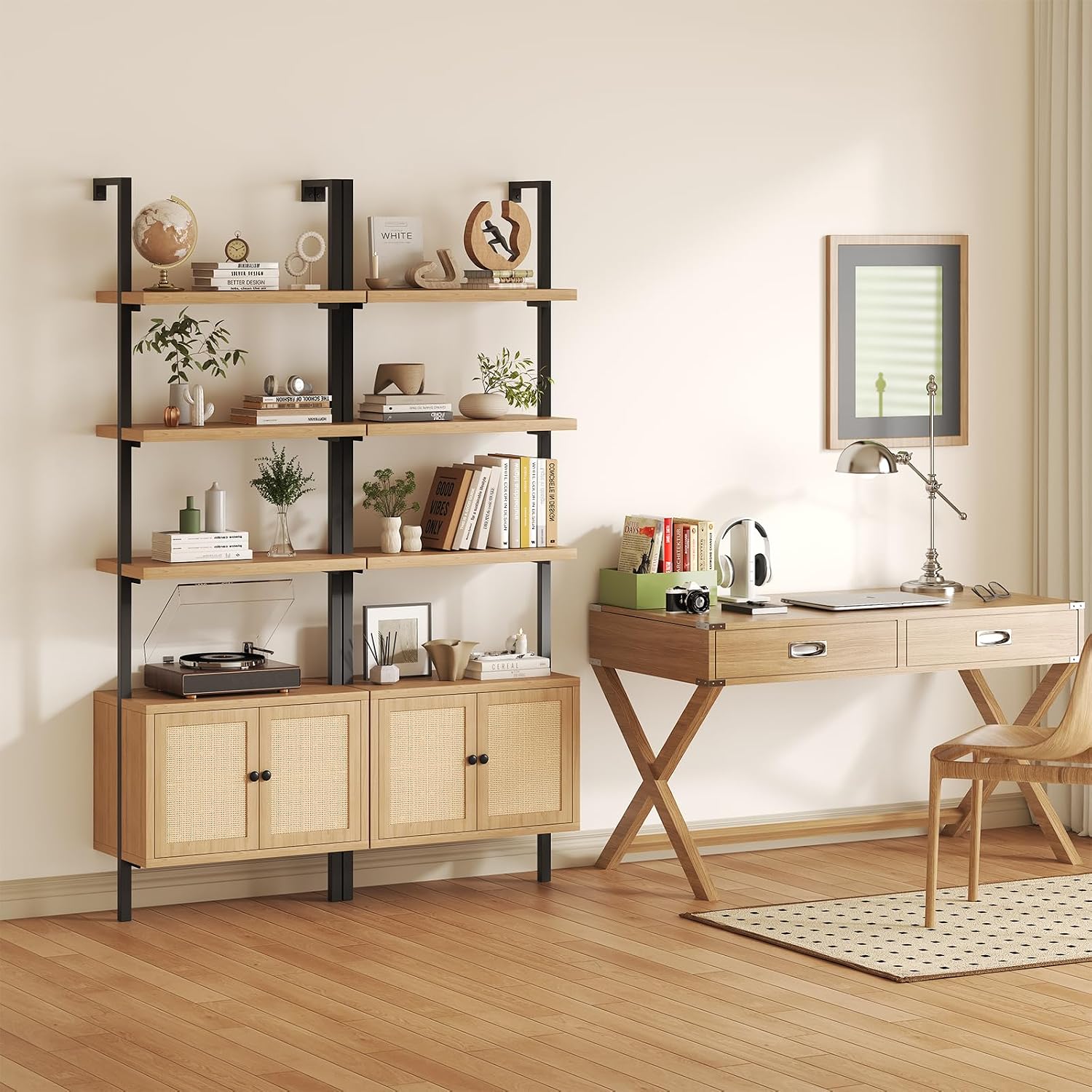 Airynee Ladder Bookshelf, 4 Tier Book Shelf with Rattan Cabinet, Wall Mount Bookshelves and Bookcases with Metal Frame, Anti Dump, Tall Bookcase for Living Room, Home Office, Bedroom Oak