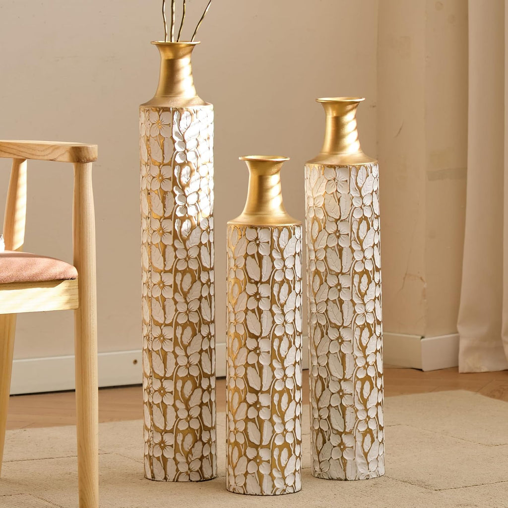 Floor Vases Decorative Tall - 24/28/32.3in Metal Extra Large Decorative Vase Set of 3, White & Gold Tall Floor Vase for Home Decor, Living Room Entryway Decor Dining Bedroom Home Corner Indoor Office