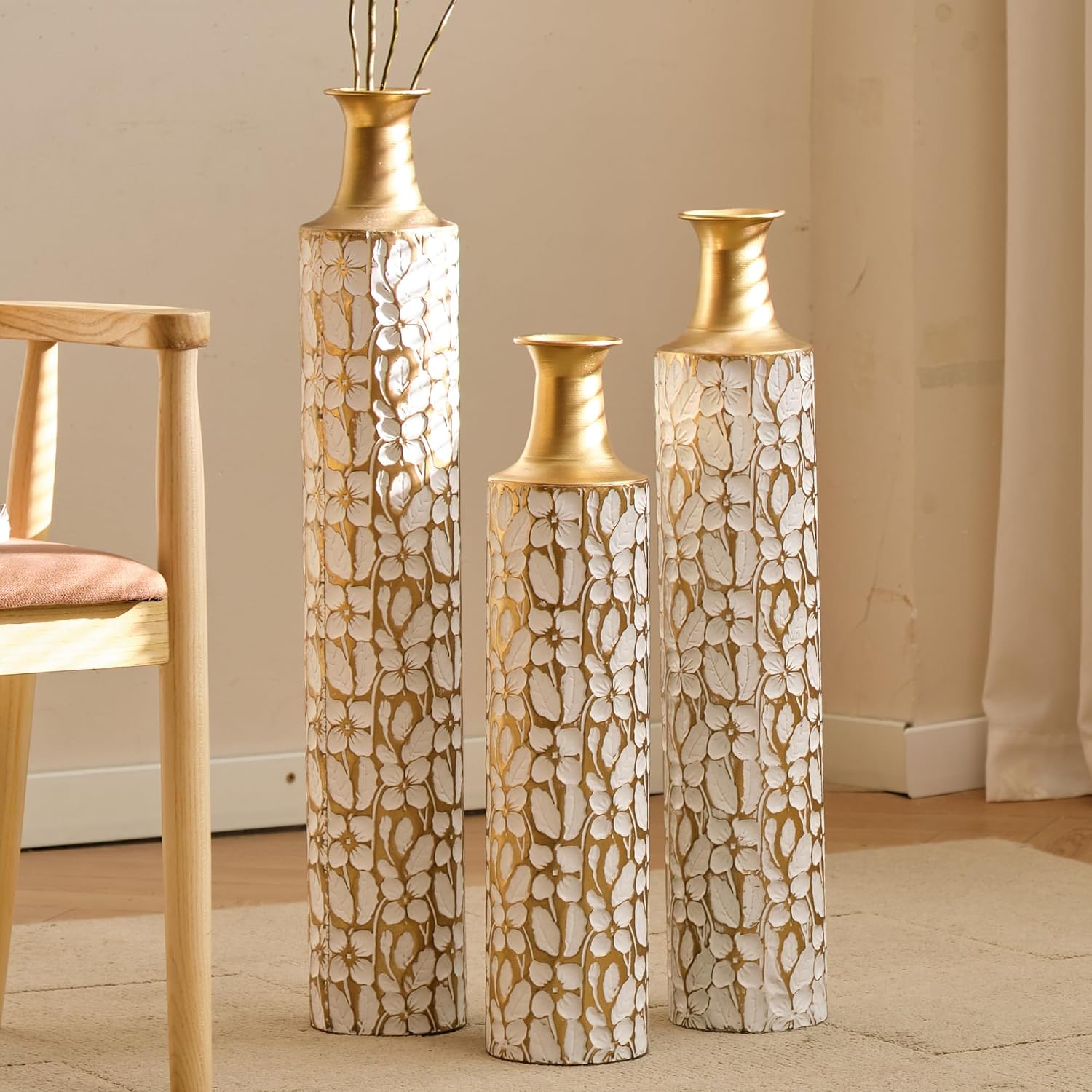 Floor Vases Decorative Tall - 24/28/32.3in Metal Extra Large Decorative Vase Set of 3, White & Gold Tall Floor Vase for Home Decor, Living Room Entryway Decor Dining Bedroom Home Corner Indoor Office