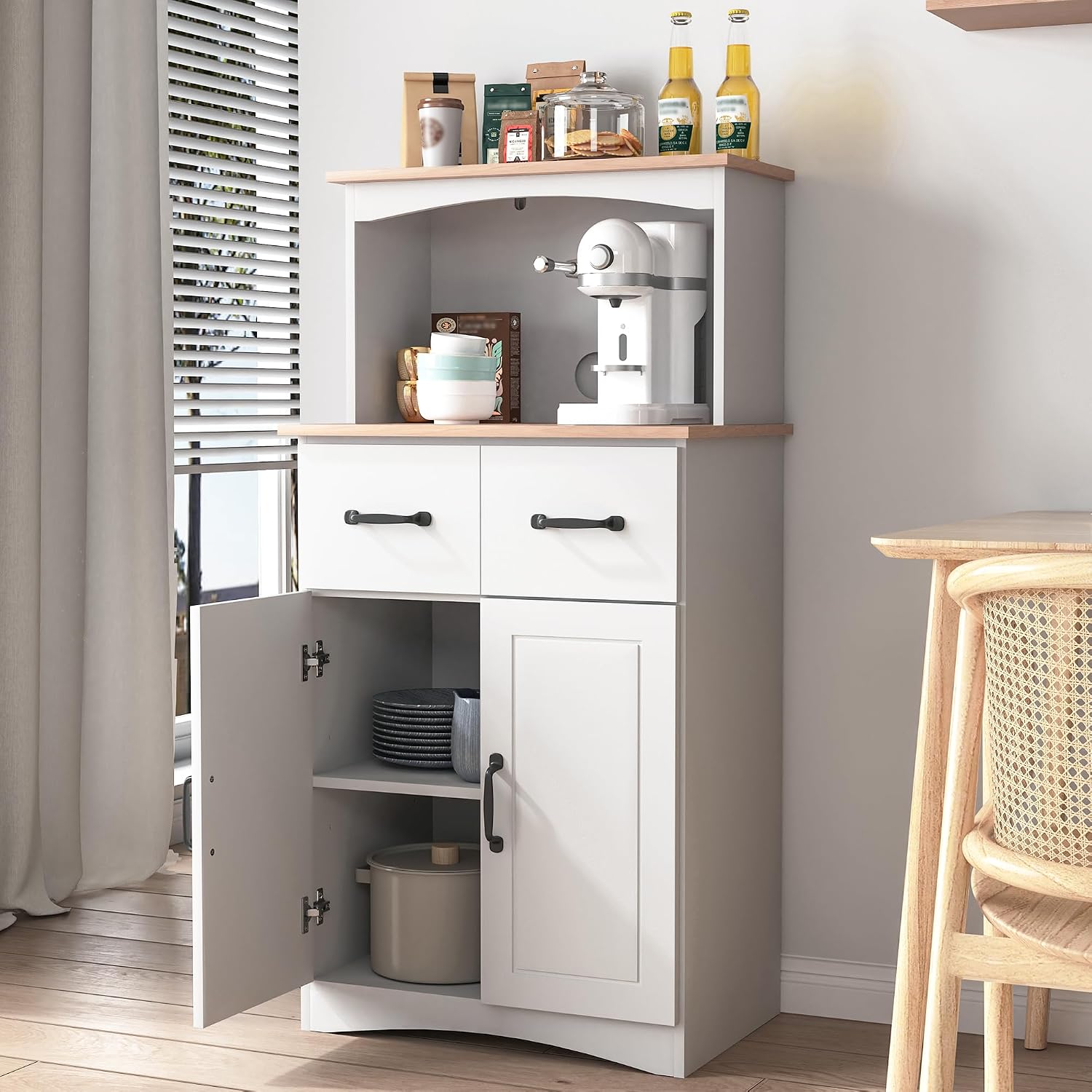 49' Kitchen Pantry Cabinet with Storage, Microwave Stand with 2 Drawers, Buffet Cabinet with Adjustable Shelf, Kitchen Hutch Storage Cabinet with Microwave Countertop for Dinning Room, White