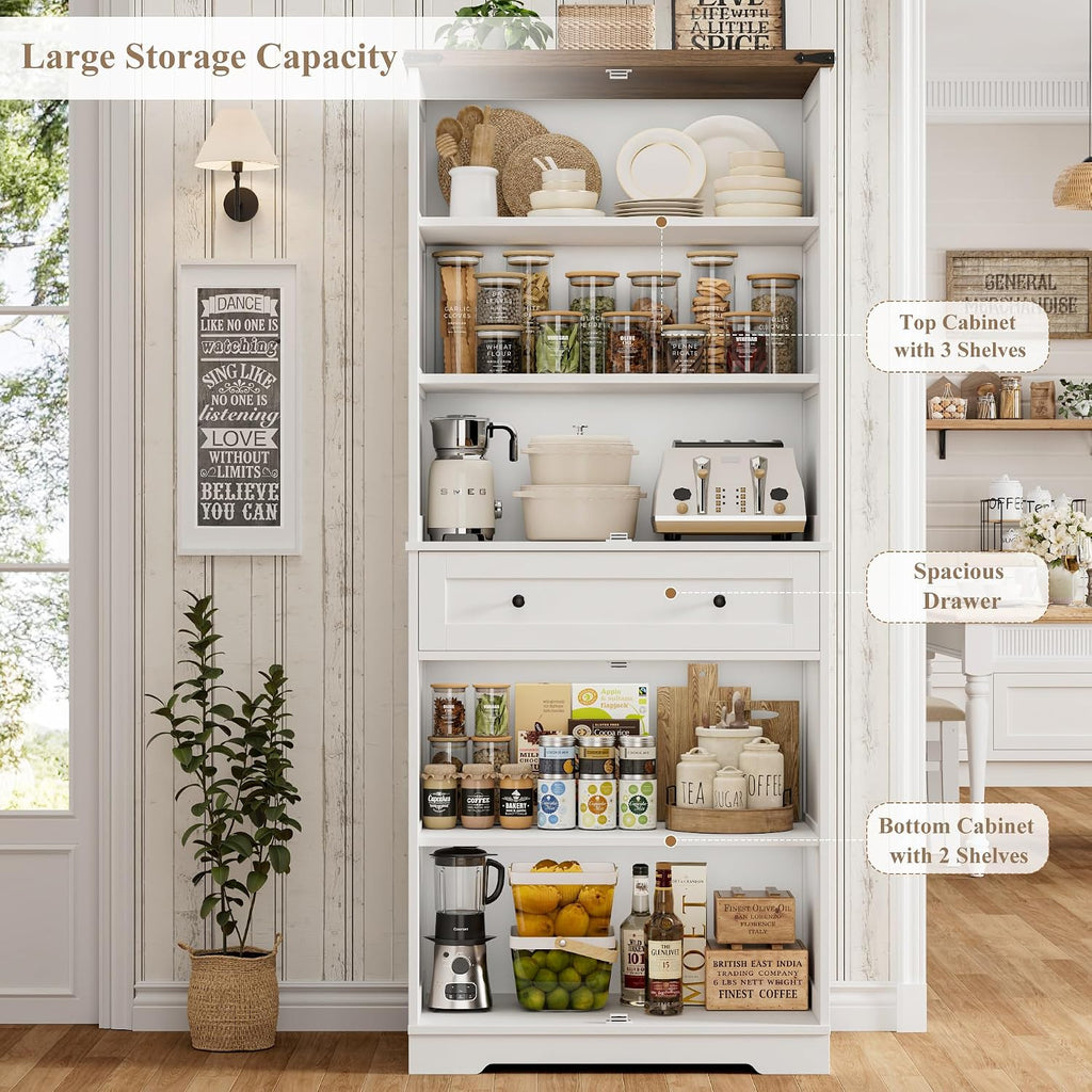 HOSTACK 71' Tall Pantry Cabinet, Farmhouse Kitchen Pantry with Storage Shelves, Barn Doors Food Storage Cabinet, Freestanding Kitchen Hutch with Large Drawer for Living Room, White + Rustic Brown