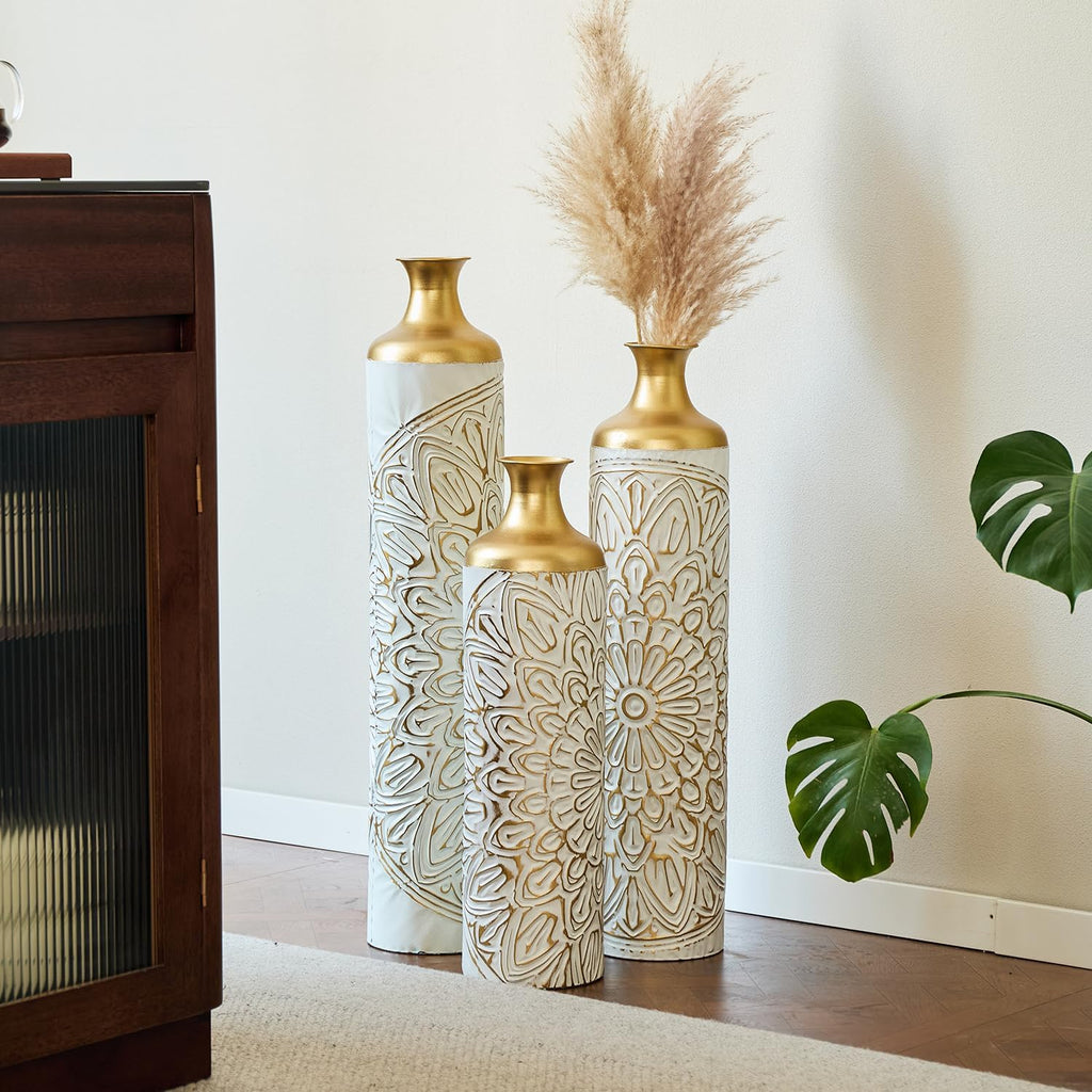Luxury 3-Piece Floor Metal Vase Set - White & Gold Droplet Shaped Decor for Sophisticated Home Styling - Large Glazed Metal Vases to Impress Guests