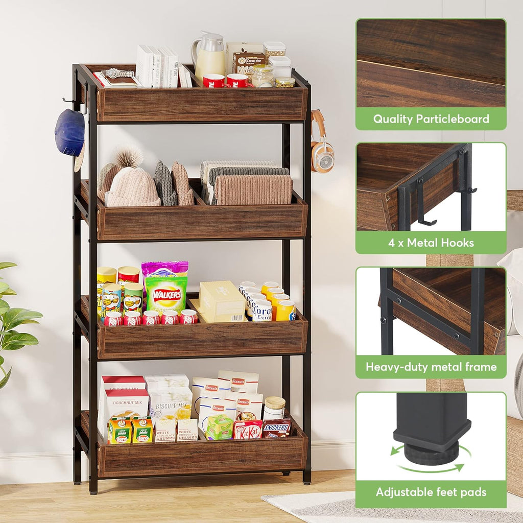 Tribesigns Wood Fruit and Vegetable Basket Stand Rack for Kitchen, Office, Store, Supremarket, Pantry Shelf Unit for Snacks, 4-Tier Wooden Utility Storage Shelves Set of 2 (Brown+Black)
