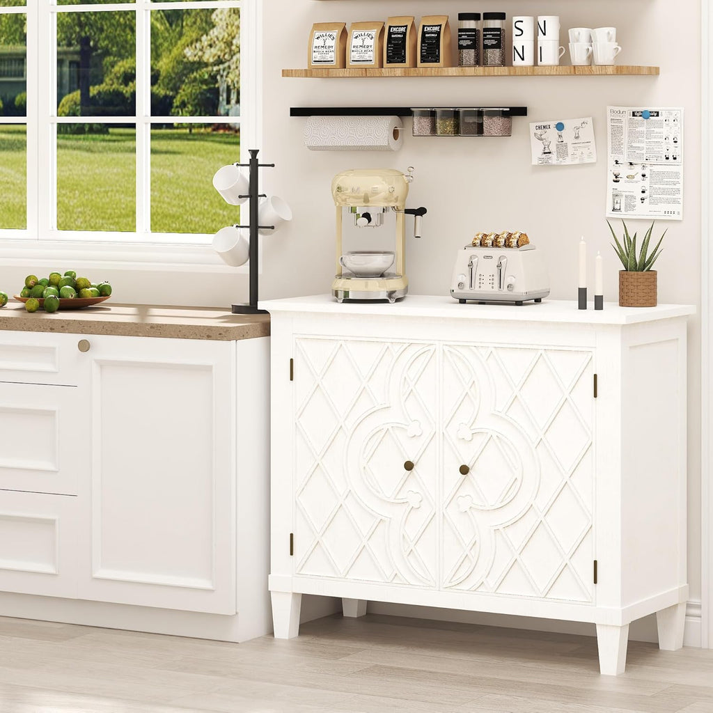 40' Coffee Bar Cabinet with Shelf, Craft Storage Cabinet with Doors, Wood Cabinet, Charming Carved Motif, Entry Way Cabinet with Storage, Sideboard Buffet for Living Room, Kitchen, Distressed White